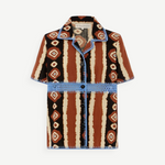 KABE SHOP INC Nera shirt featuring a brown and cream ikat print with contrasting blue crochet trim and button front.