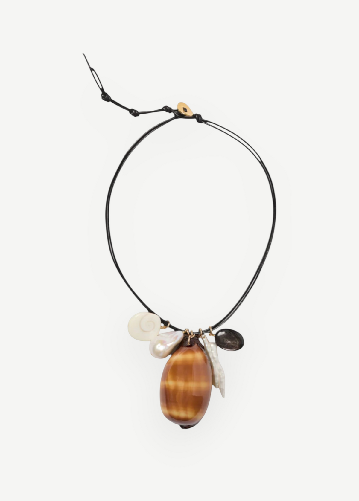 KABE SHOP INC Cowrie leather charm necklace featuring natural shells, pearls, and stones on a black cord