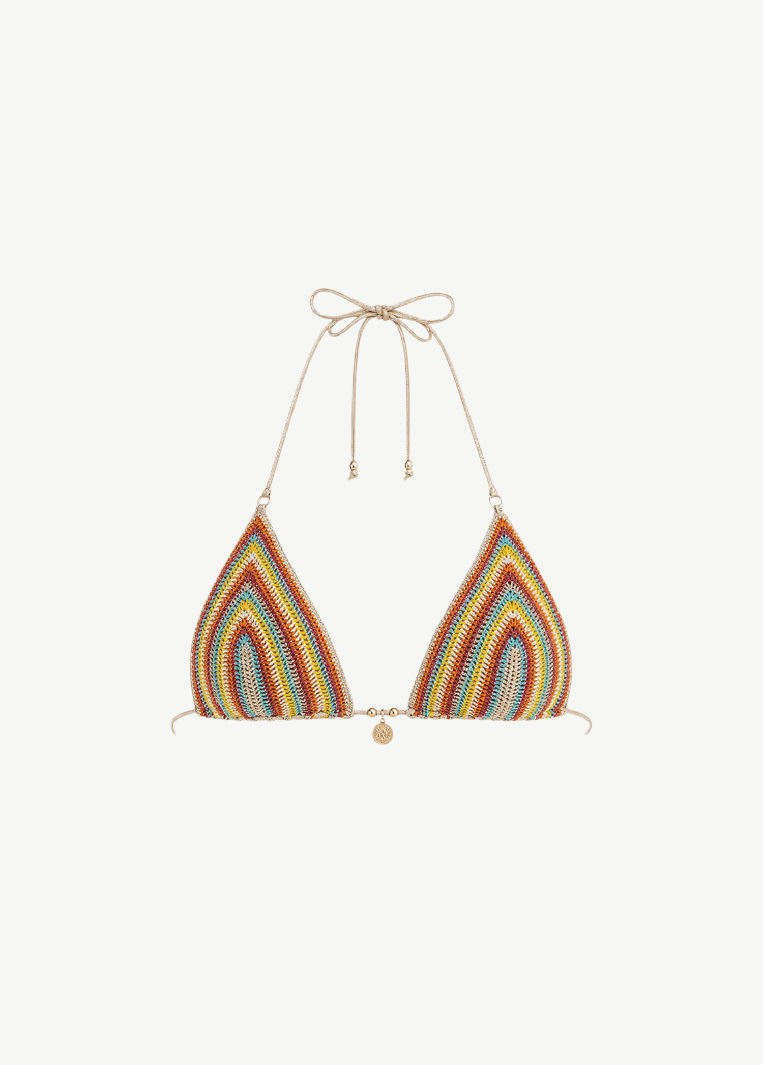 KABE SHOP INC Pampelonne bikini top in multi-colored hand-crocheted knit with gold-tone hardware and tie straps.