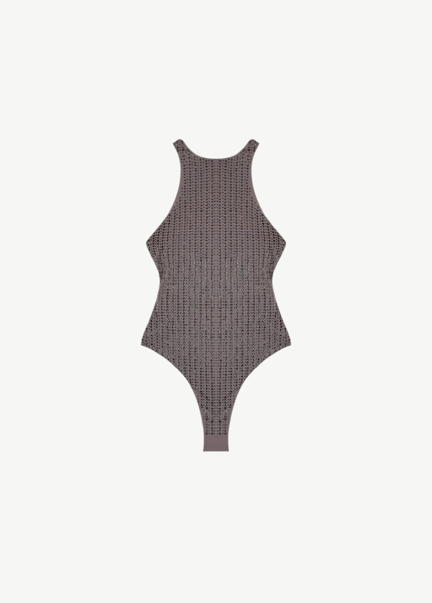 KABE SHOP INC Vogatore one-piece swimsuit in grey microfiber with pinstripe rhinestone embellishments and high-cut leg
