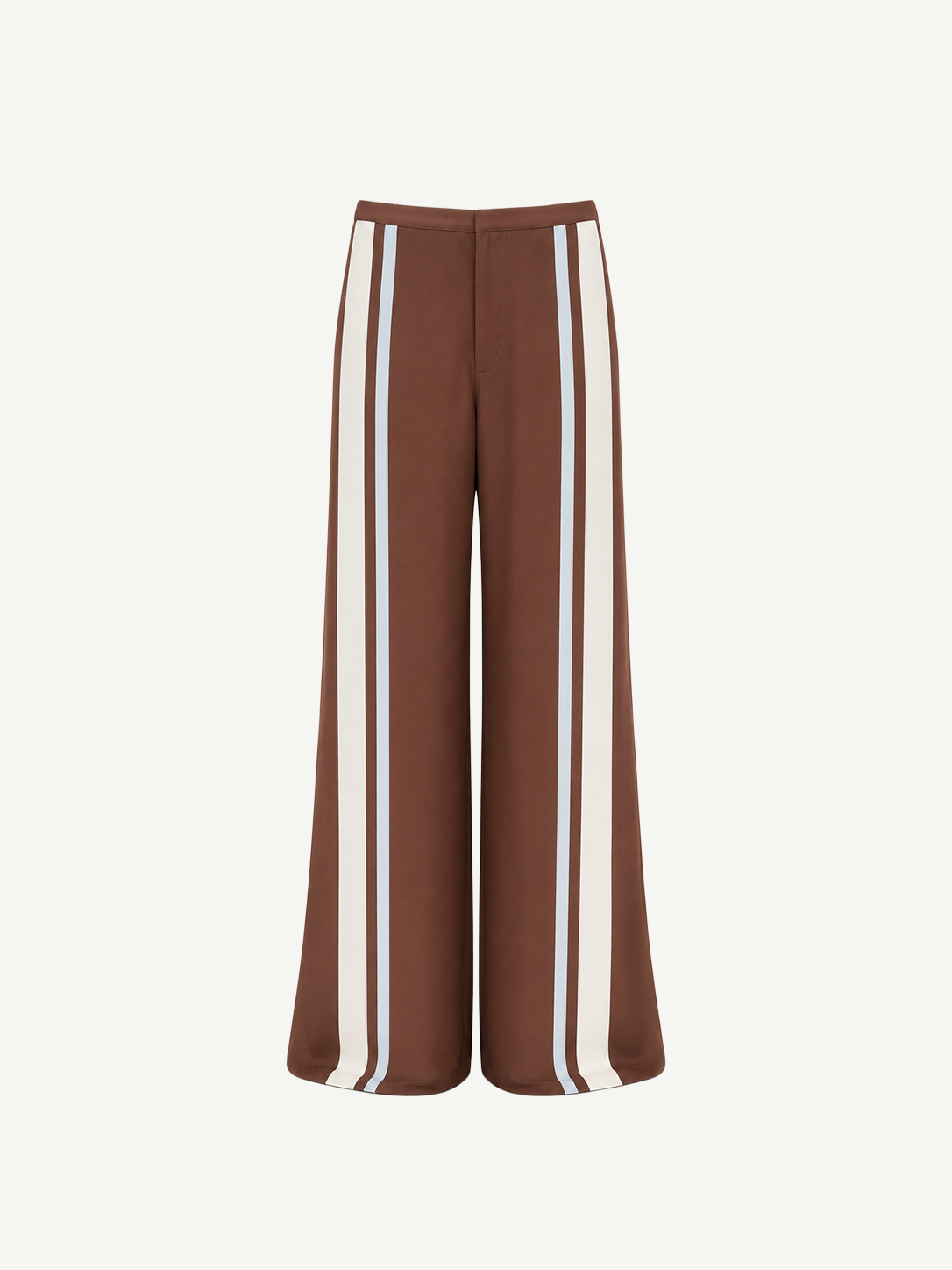Marais Trouser in brown wide-leg silk, featuring a white and light blue vertical stripe down the side of each leg.