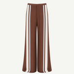 Marais Trouser in brown wide-leg silk, featuring a white and light blue vertical stripe down the side of each leg.