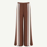 Marais Trouser in brown wide-leg silk, featuring a white and light blue vertical stripe down the side of each leg.