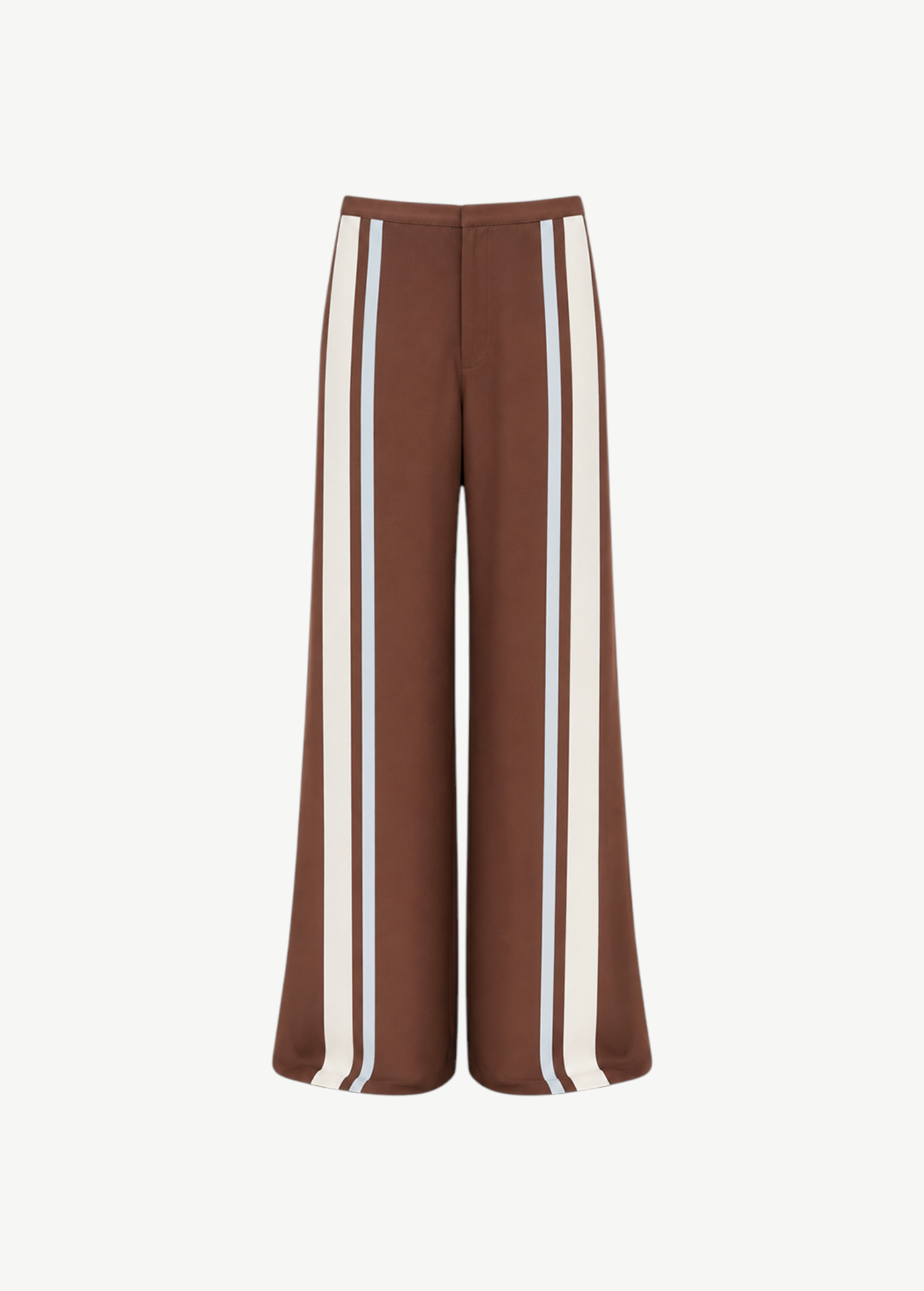 Marais Trouser in brown wide-leg silk, featuring a white and light blue vertical stripe down the side of each leg.