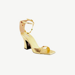 KABE SHOP INC Nodstalgia Gemma gold heeled sandal with red jewel toe accent and colorful ankle strap stones