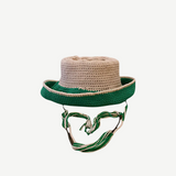 KABE SHOP INC handcrafted crochet hat in beige and green with a matching chin strap for sun protection