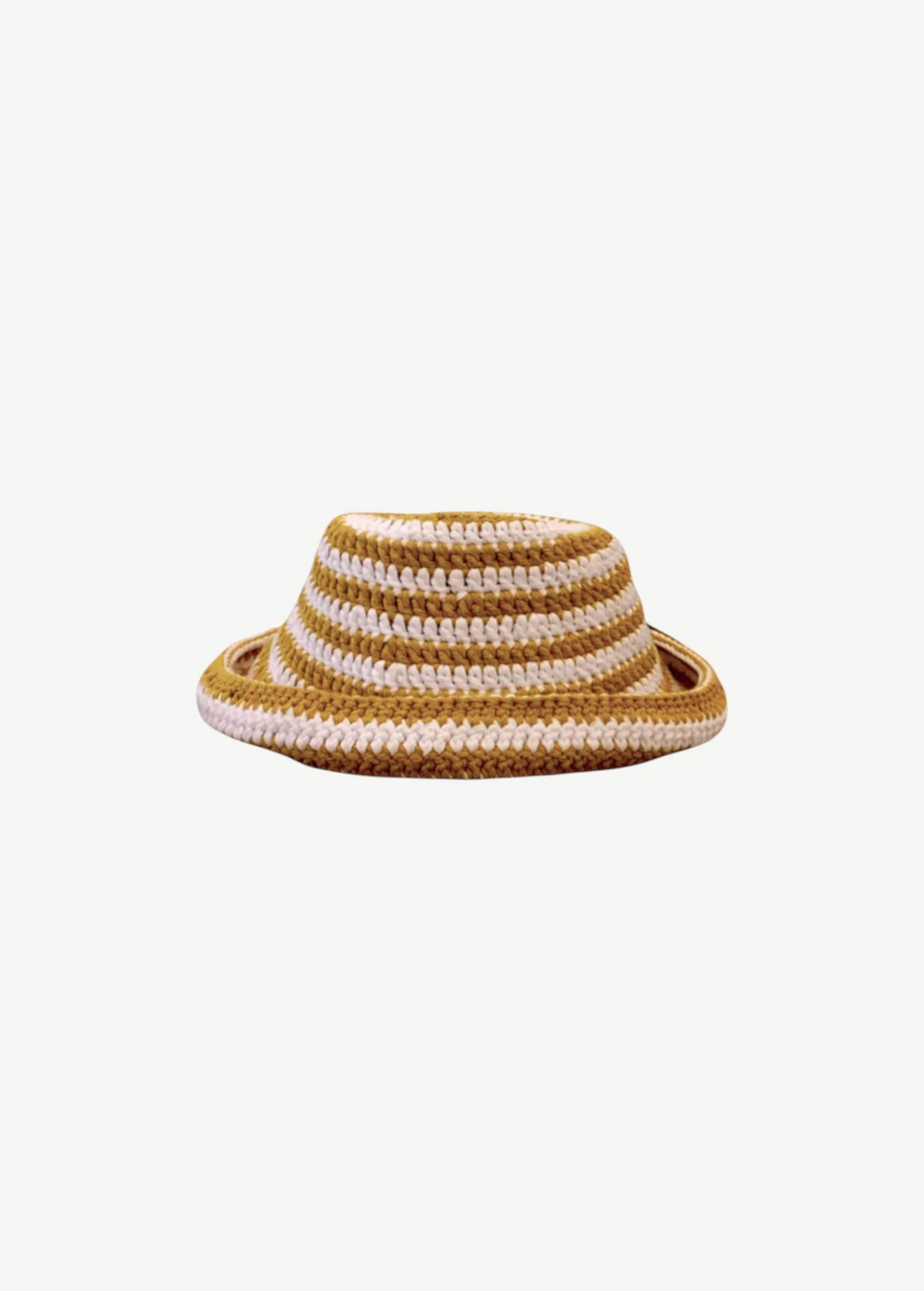 KABE SHOP INC handcrafted crochet hat in mustard yellow and white horizontal stripes with a short brim