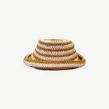 KABE SHOP INC handcrafted crochet hat in mustard yellow and white horizontal stripes with a short brim