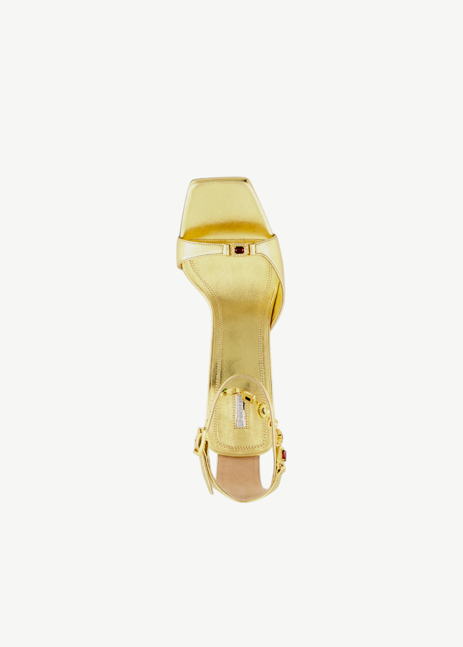 KABE SHOP INC Nodstalgia Gemma 85 gold metallic heeled mule with red jewel toe accent and ankle strap detail