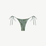 Praia Bottom: A green triangle bikini bottom with a white dotted leaf print, adjustable side ties at the hips, made from recycled nylon and shown against a plain white background.