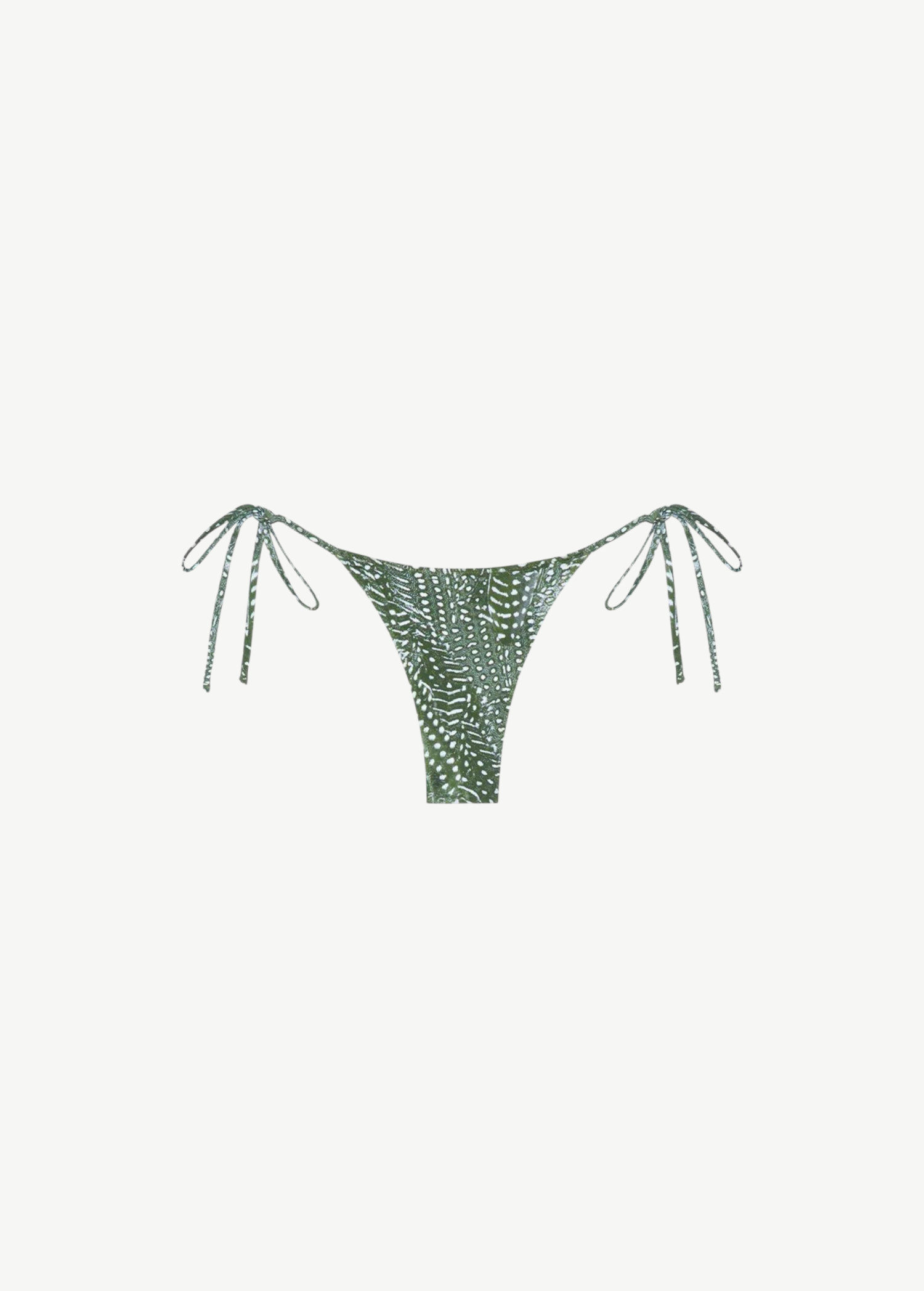 Praia Bottom: A green triangle bikini bottom with a white dotted leaf print, adjustable side ties at the hips, made from recycled nylon and shown against a plain white background.