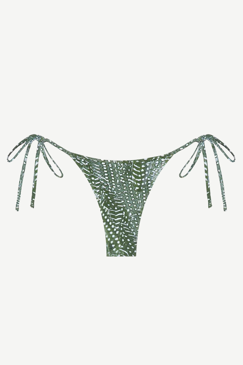 Praia Bottom: A green triangle bikini bottom with a white dotted leaf print, adjustable side ties at the hips, made from recycled nylon and shown against a plain white background.