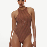 KABE SHOP INC Vogatore one-piece swimsuit in brown microfiber with pinstripe rhinestone embellishments