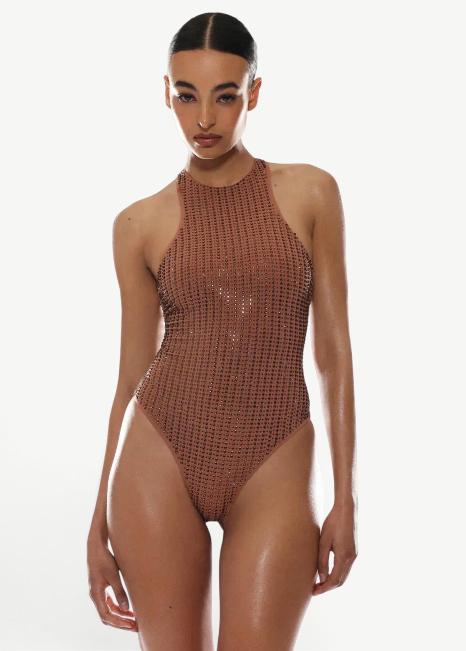 KABE SHOP INC Vogatore one-piece swimsuit in brown microfiber with pinstripe rhinestone embellishments