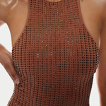KABE SHOP INC Vogatore one-piece swimsuit in brown microfiber with pinstripe rhinestone embellishments and high neck.