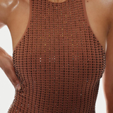 KABE SHOP INC Vogatore one-piece swimsuit in brown microfiber with pinstripe rhinestone embellishments and high neck.