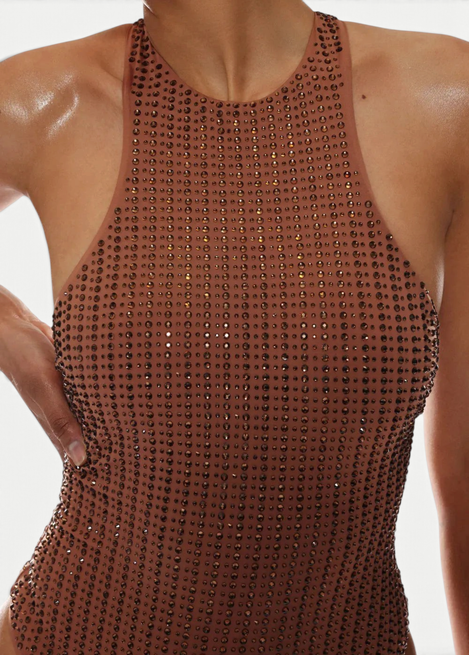 KABE SHOP INC Vogatore one-piece swimsuit in brown microfiber with pinstripe rhinestone embellishments and high neck.
