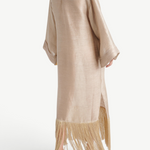 KABE SHOP INC Tigris ecru linen-blend gown with wide sleeves and dramatic fringe hem, back view
