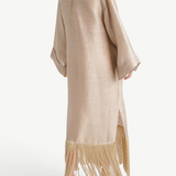 KABE SHOP INC Tigris ecru linen-blend gown with wide sleeves and dramatic fringe hem, back view