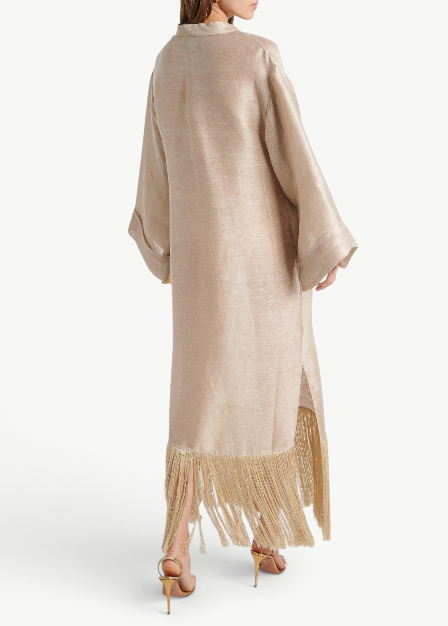 KABE SHOP INC Tigris ecru linen-blend gown with wide sleeves and dramatic fringe hem, back view