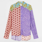 Paisley Shirt in an oversized, color-blocked button-down design featuring pink geometric, purple paisley, and blue and gold baroque panels on the collar and shoulders.