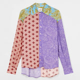Paisley Shirt in an oversized, color-blocked button-down design featuring pink geometric, purple paisley, and blue and gold baroque panels on the collar and shoulders.
