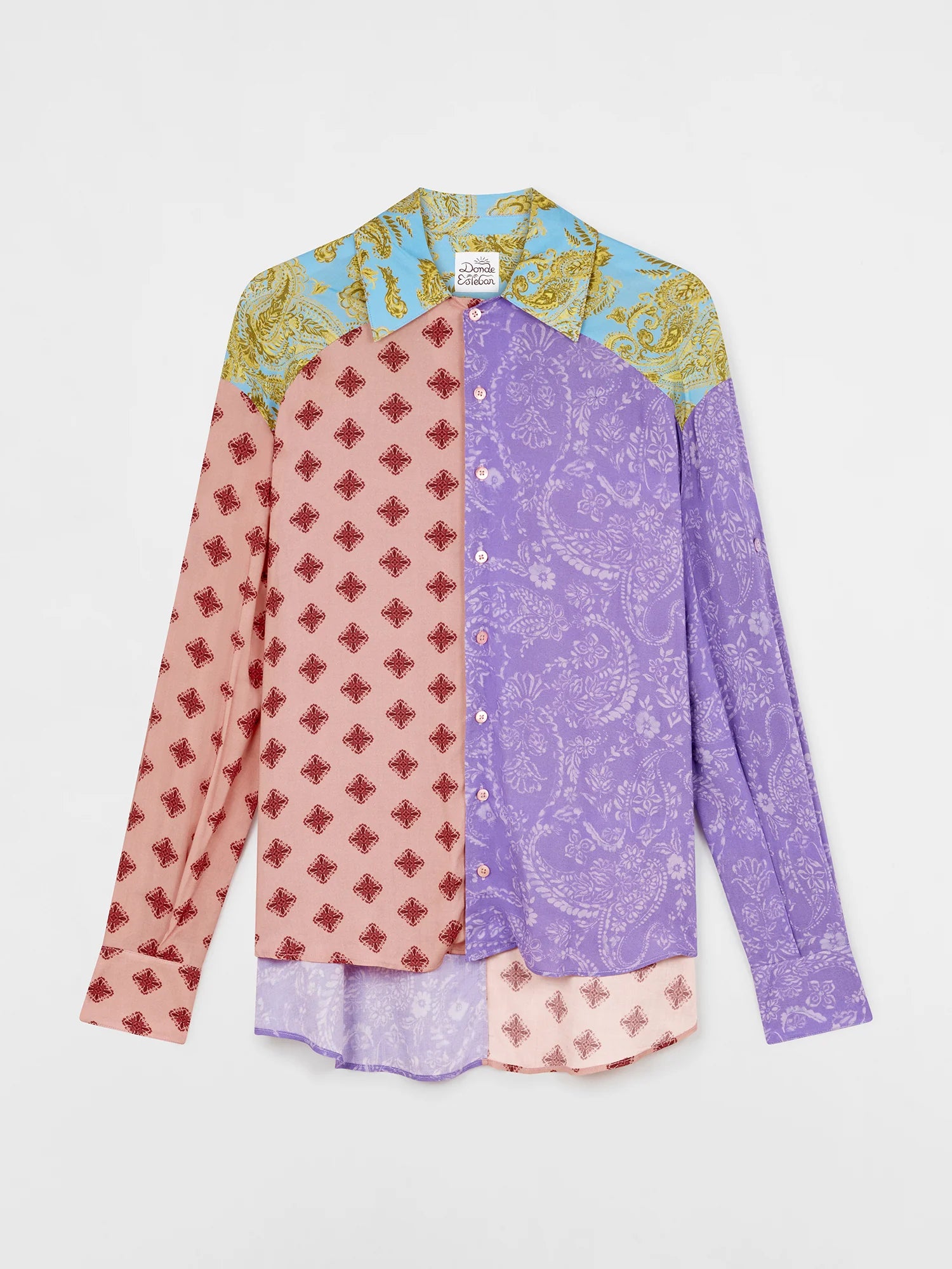 Paisley Shirt in an oversized, color-blocked button-down design featuring pink geometric, purple paisley, and blue and gold baroque panels on the collar and shoulders.