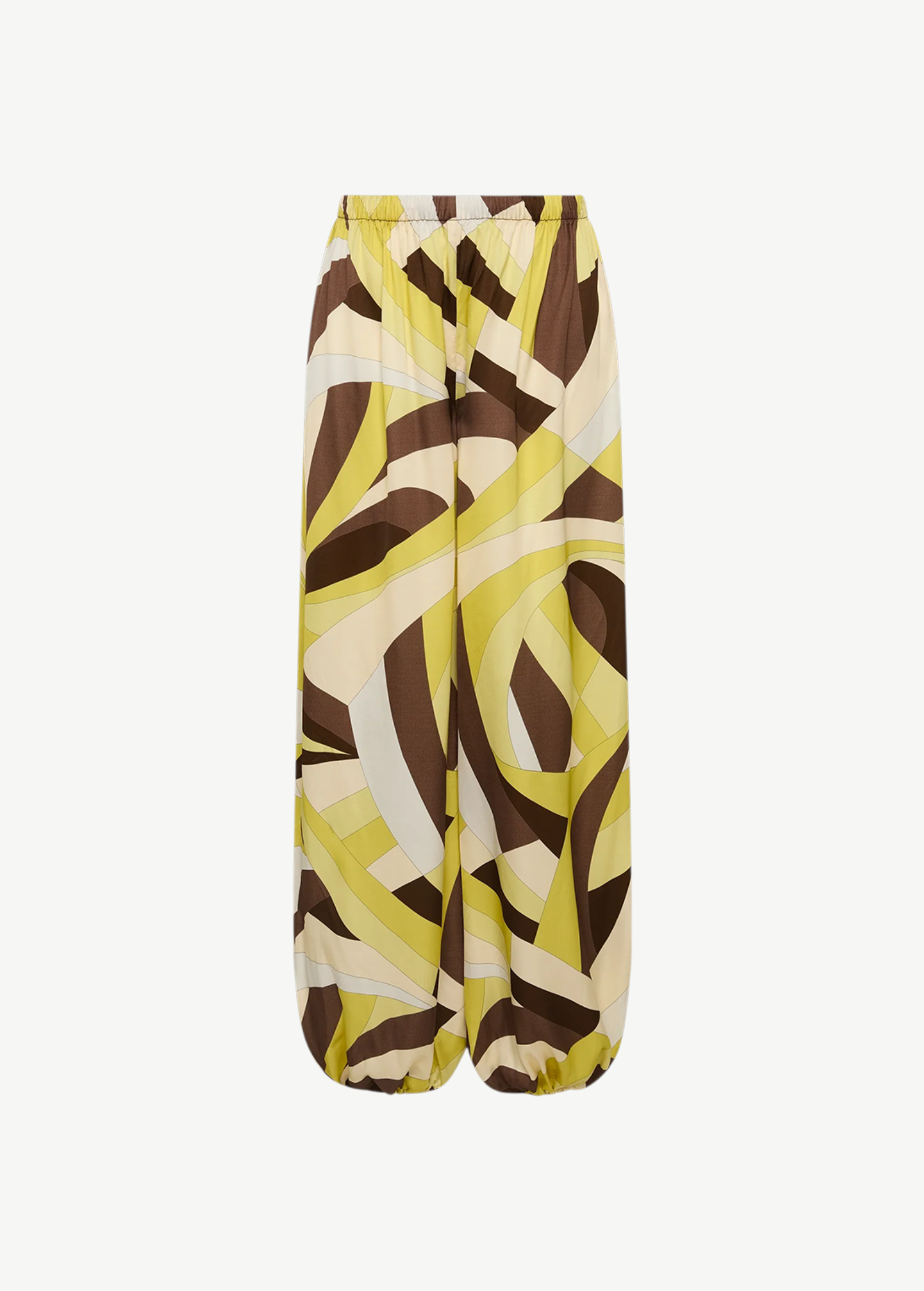 Kortez Balloon Pant featuring a high-waisted, relaxed-fit design with an elastic waistband and a brown, yellow, and cream abstract geometric print.