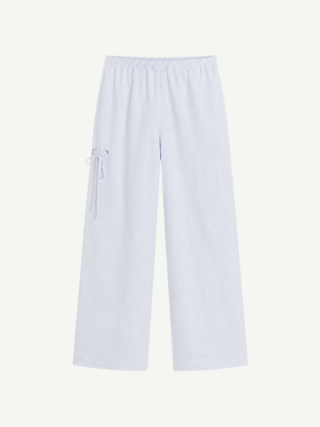 Light blue Deiji Studios Eyelet Pant featuring a wide-leg silhouette, an elastic waist, and side lace-up detail.