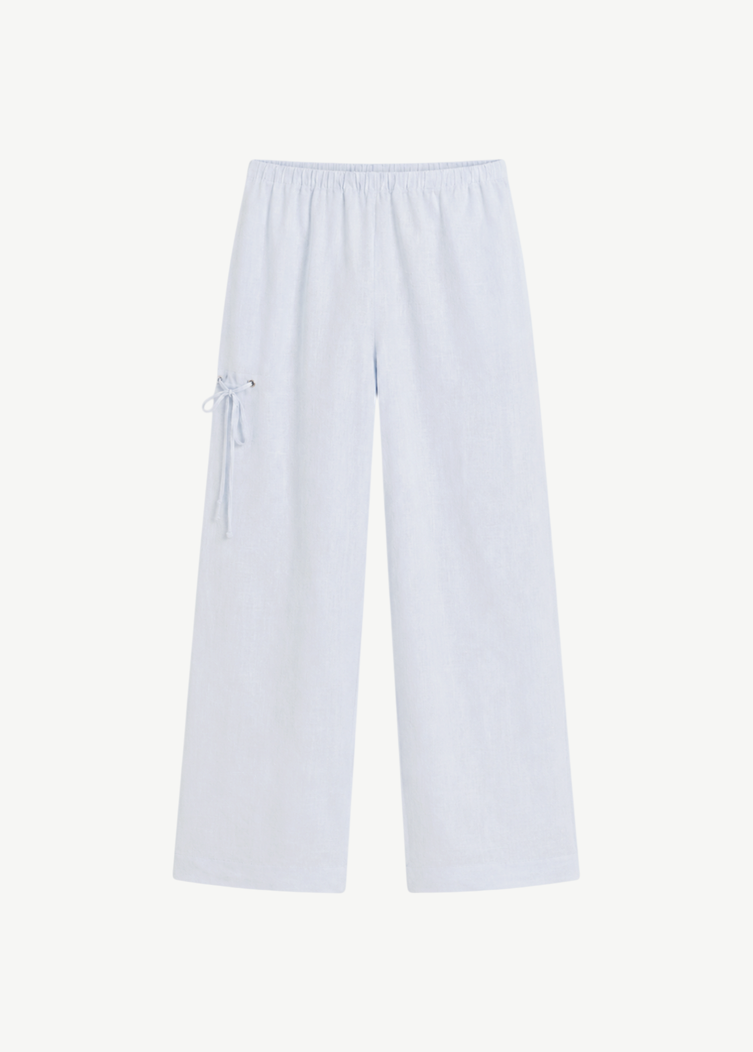Light blue Deiji Studios Eyelet Pant featuring a wide-leg silhouette, an elastic waist, and side lace-up detail.