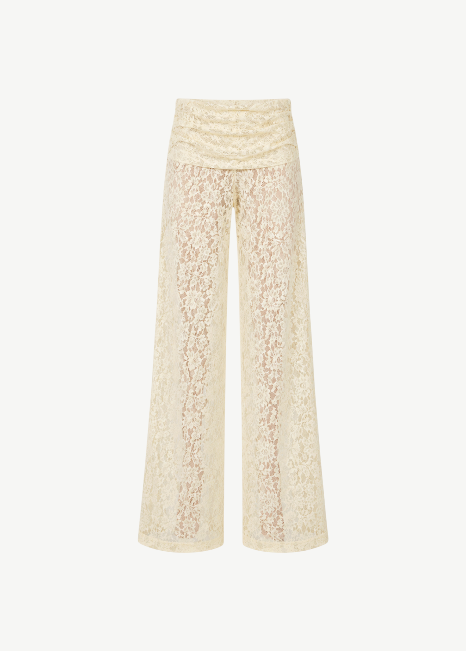 Rocio Trouser in cream-colored vintage-inspired lace, featuring a draped silhouette with a gathered, ruched waistband.