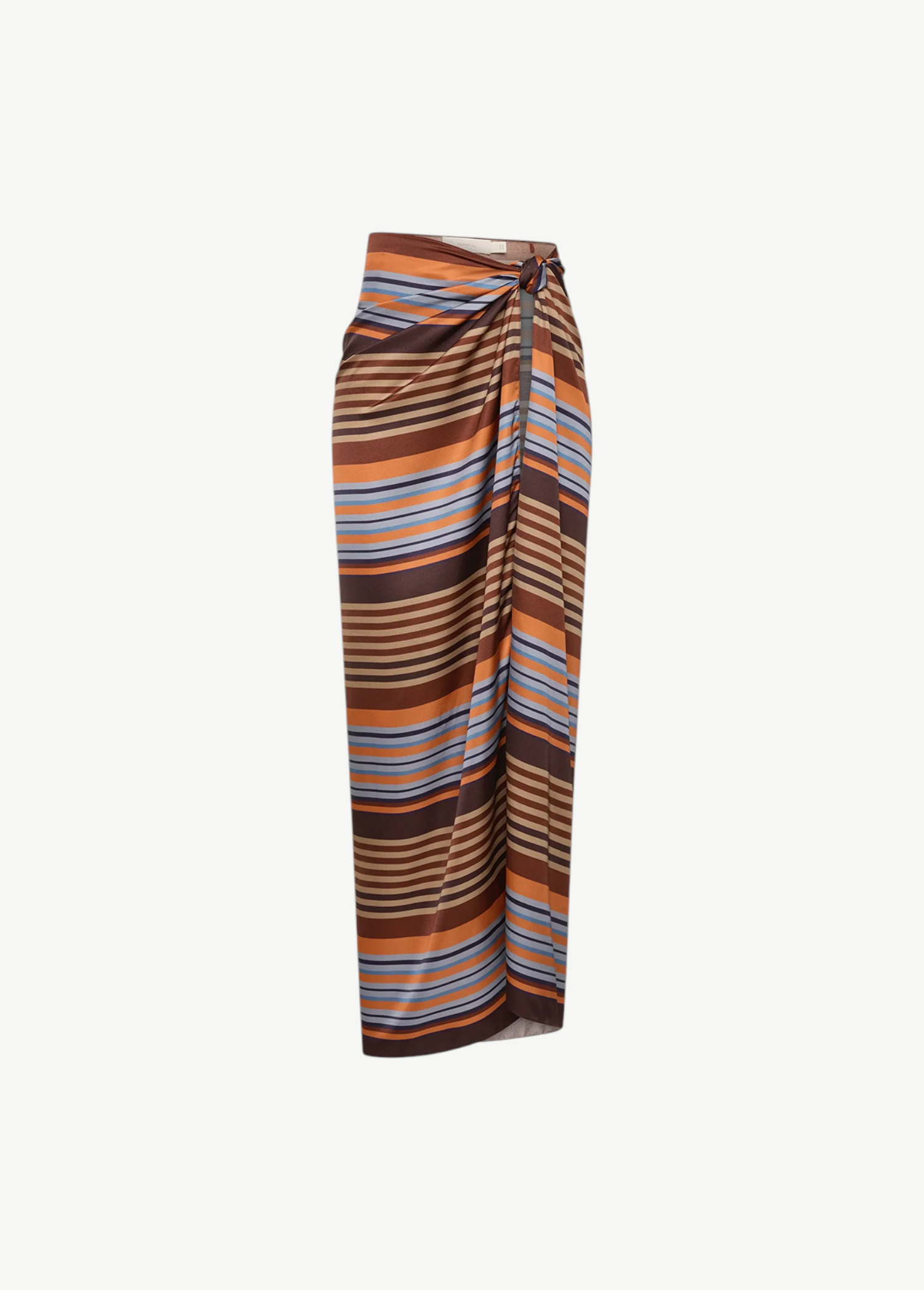 KABE SHOP INC Soleil waist scarf in satin with brown, orange, and blue horizontal stripes and a side tie detail.