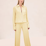 A model wears a light yellow zip-up shirt with matching Damian Pant wide-leg trousers featuring a drawstring waist for a polished style.