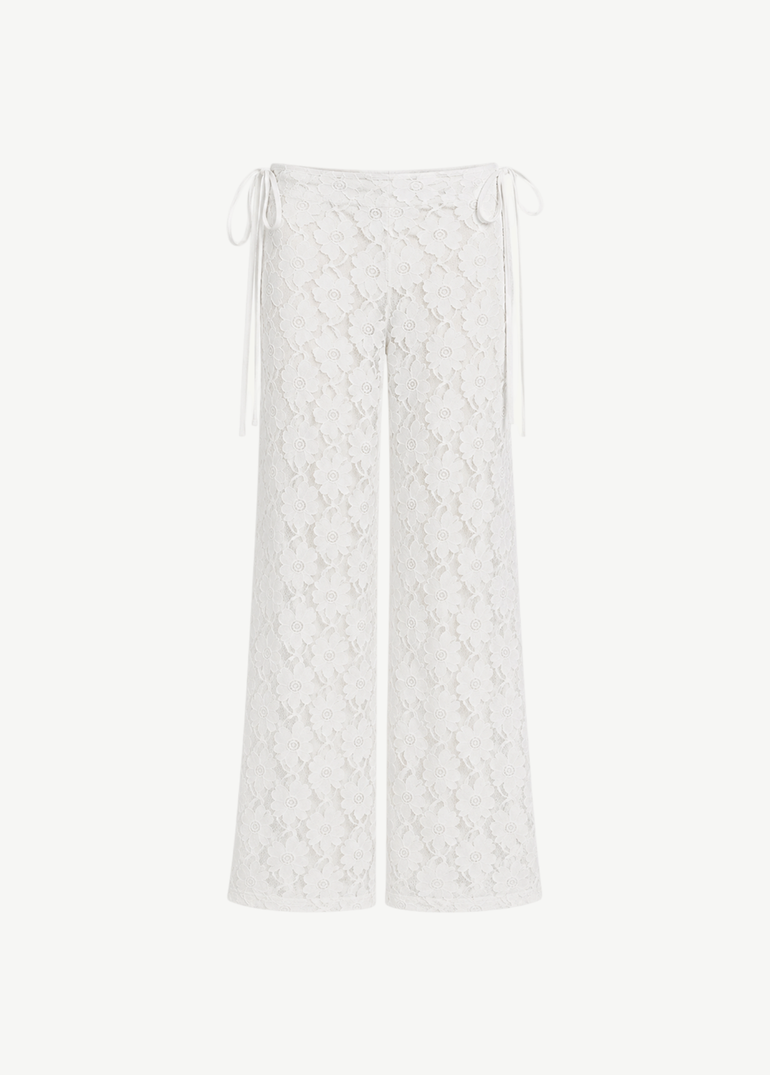 KABE SHOP INC white lace trousers with a delicate floral pattern, strappy waistband, and elegant wide-leg silhouette.