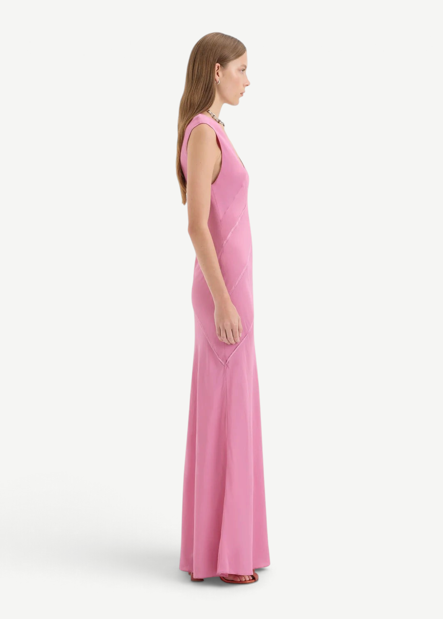 KABE SHOP INC Elin pink silk-viscose maxi gown with panelled detailing and asymmetric hem, side profile view