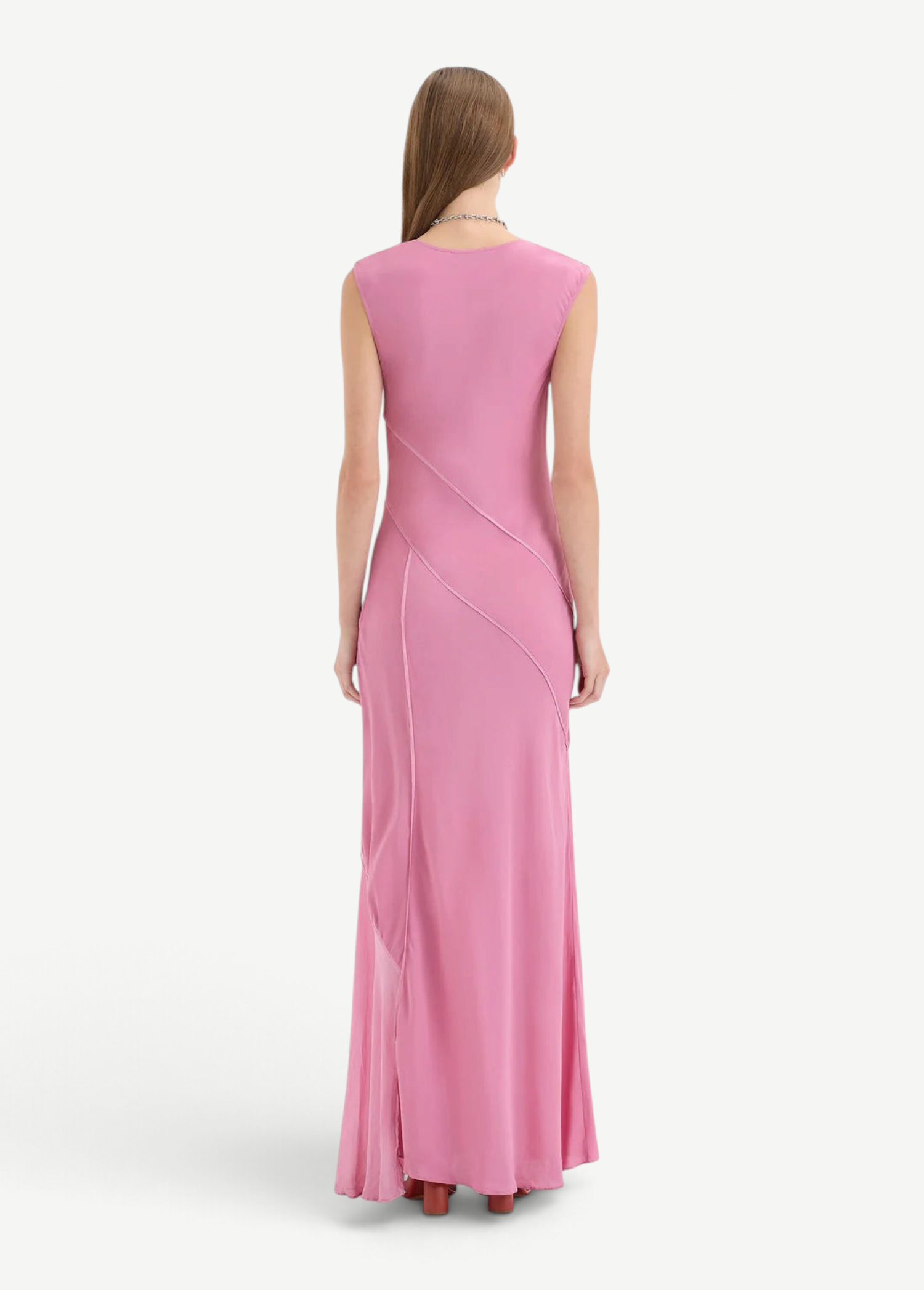 Back view of KABE SHOP INC Elin pink silk-viscose maxi gown with panelled detailing and sleeveless silhouette