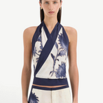 Phillipa Halter Scarf Top in a floral print silk-viscose, featuring a wrap-front neckline and self-tie details.