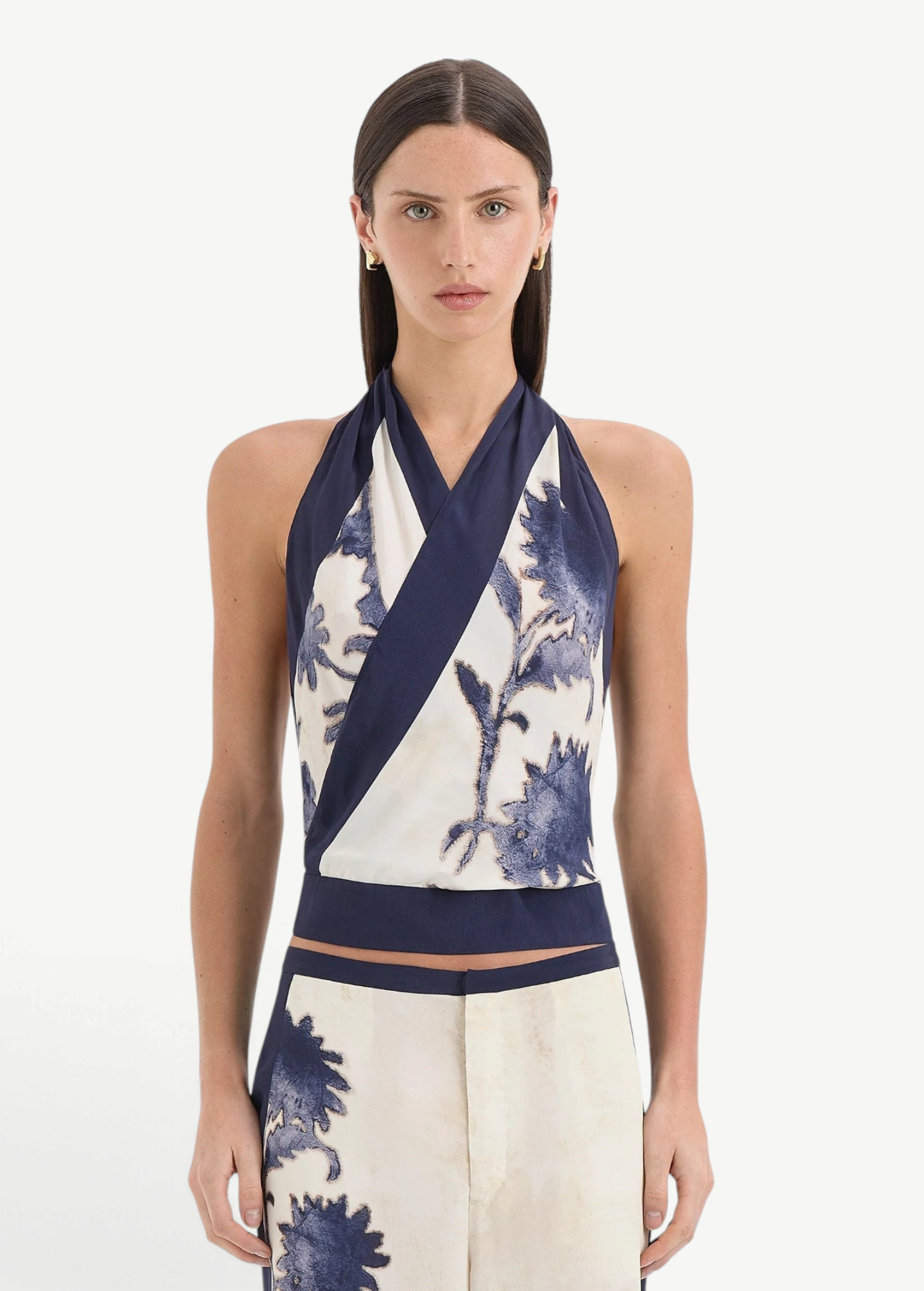 Phillipa Halter Scarf Top in a floral print silk-viscose, featuring a wrap-front neckline and self-tie details.