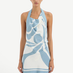 KABE SHOP INC Lilou halter mini dress in blue and white silk with a fluid silhouette and abstract print