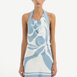 KABE SHOP INC Lilou halter mini dress in blue and white silk with a fluid silhouette and abstract print