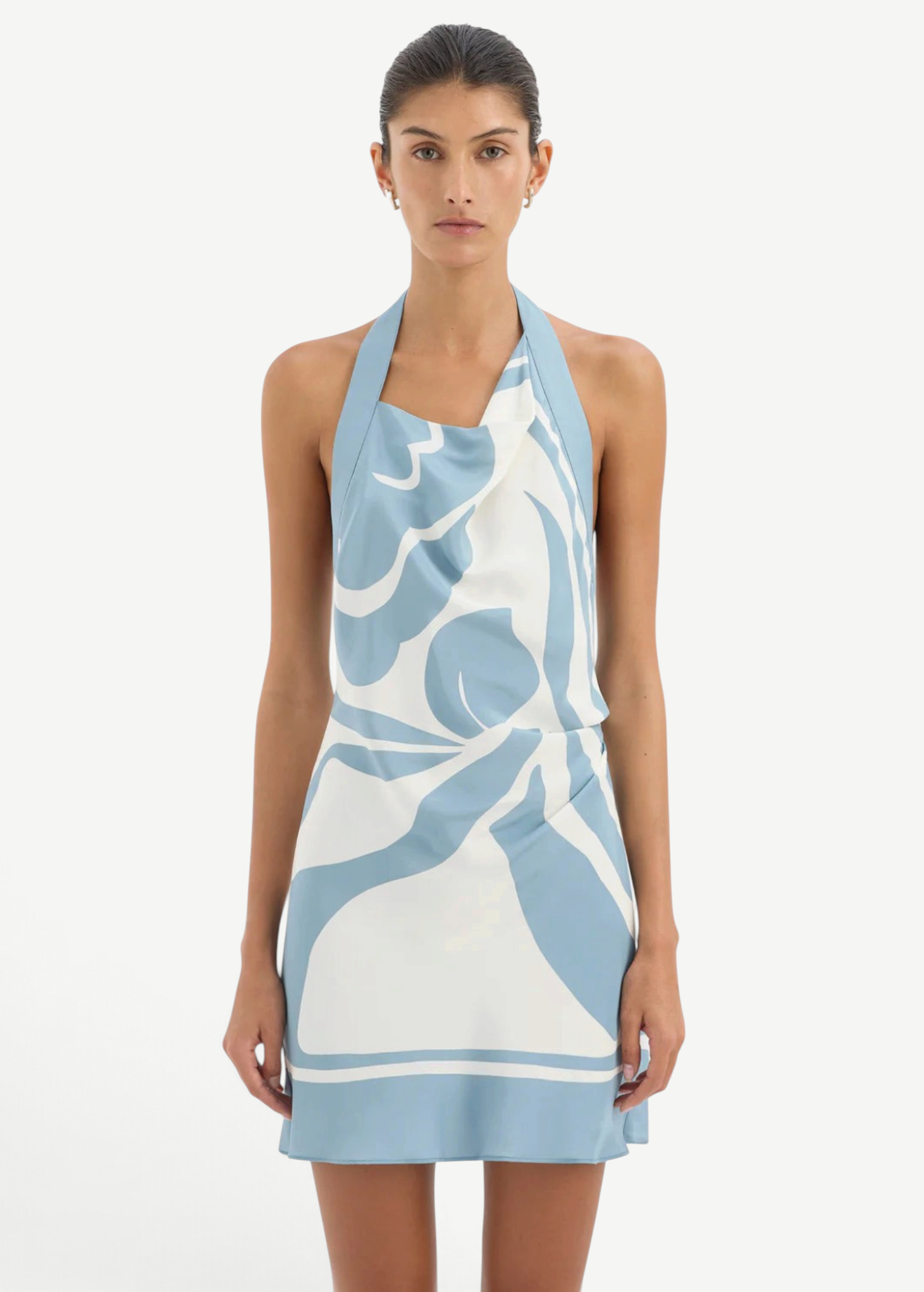 KABE SHOP INC Lilou halter mini dress in blue and white silk with a fluid silhouette and abstract print