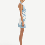 KABE SHOP INC Lilou silk mini dress with halter neckline and blue and white abstract print, side view