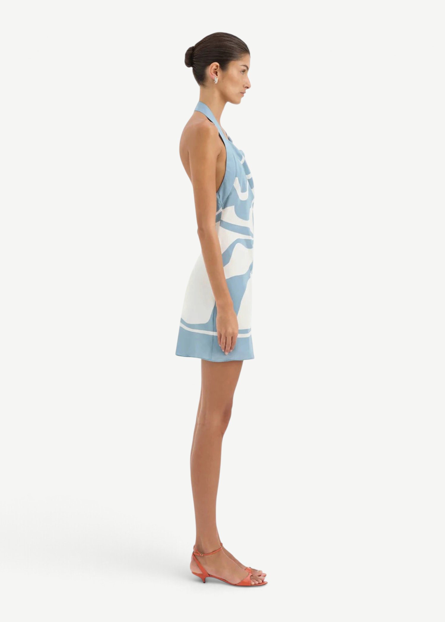 KABE SHOP INC Lilou silk mini dress with halter neckline and blue and white abstract print, side view