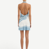 KABE SHOP INC Lilou halter mini dress in blue and white silk with a sculptural cowl back and abstract print
