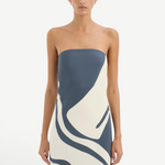 KABE SHOP INC Lilou strapless midi dress in silk with a blue and cream abstract print on a model