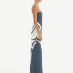 KABE SHOP INC Lilou strapless midi dress in blue and cream silk with a fluid bias-cut silhouette and side slit
