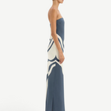 KABE SHOP INC Lilou strapless midi dress in blue and cream silk with a fluid bias-cut silhouette and side slit