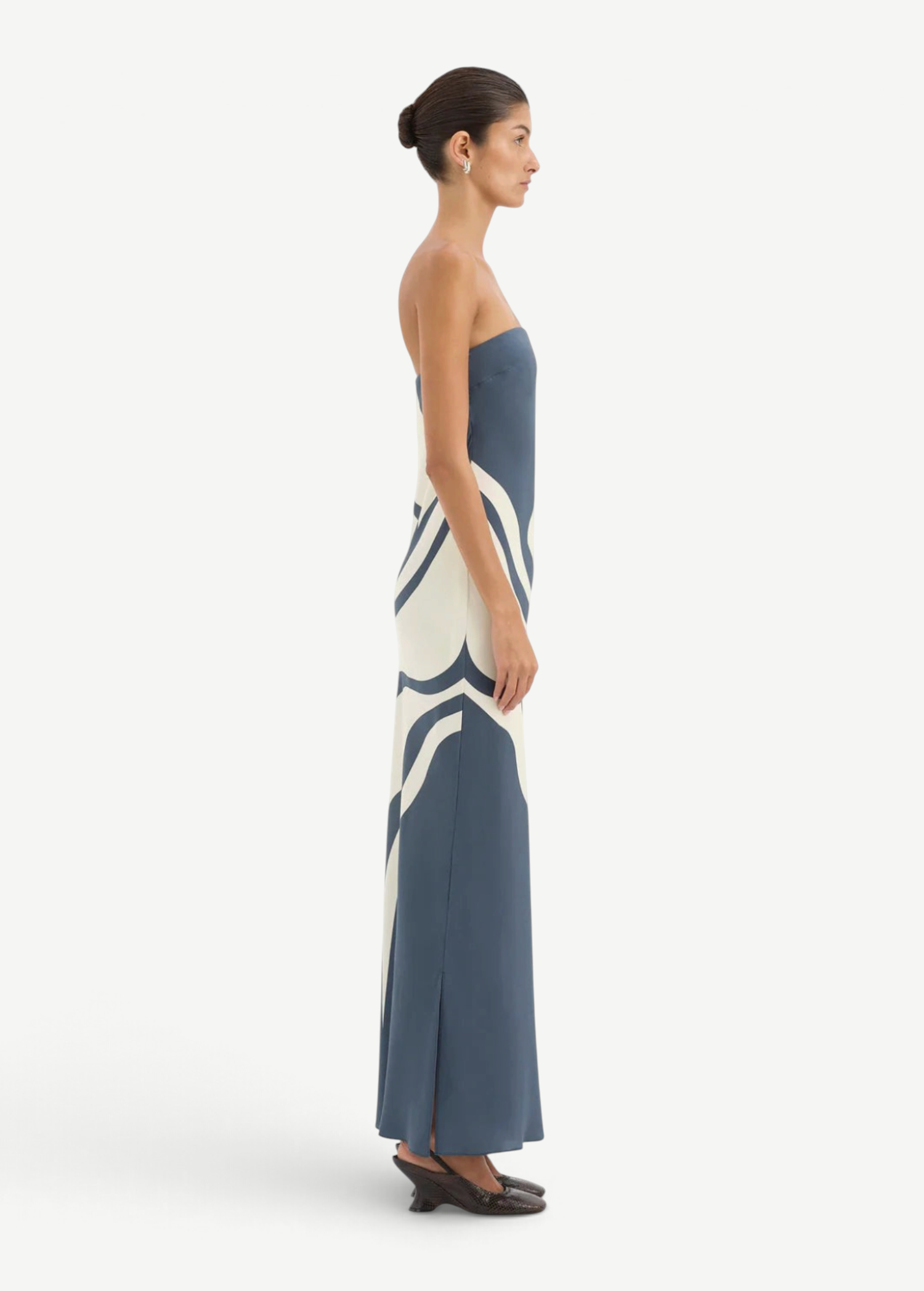 KABE SHOP INC Lilou strapless midi dress in blue and cream silk with a fluid bias-cut silhouette and side slit