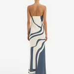 Back view of KABE SHOP INC Lilou strapless midi dress in silk with a blue and cream abstract print