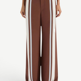 Brown wide-leg pants with white stripes worn by a person on a white background